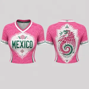 Mexico Pink Green White Cropped Jersey Women Soccer Fan Shirt MEXICO Eagle Snake Aztec Graphic Crop Top Unisex Streetwear Football Jersey Mexican Pride Festival Outfit Cinco de Mayo Summer Beach Casual Athletic Fit Trendy Fashion Gift Tee, Mexico Jersey,