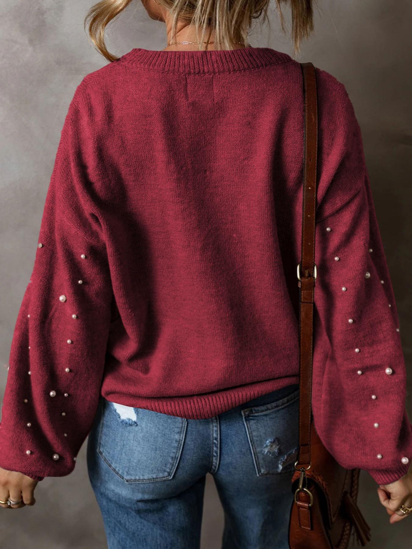 Women's Faux Pearl Decor Drop Shoulder Sweater, Casual Basic Aesthetic Chic Long Sleeve Round Neck Jumper for Fall & Winter, Fashion Ladies' Knitwear for Daily Wear, Fall Womenswear