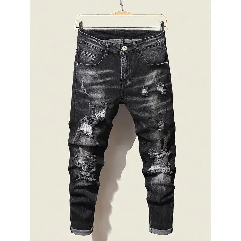Washed torn satin jeans casual pants street denim men's pants