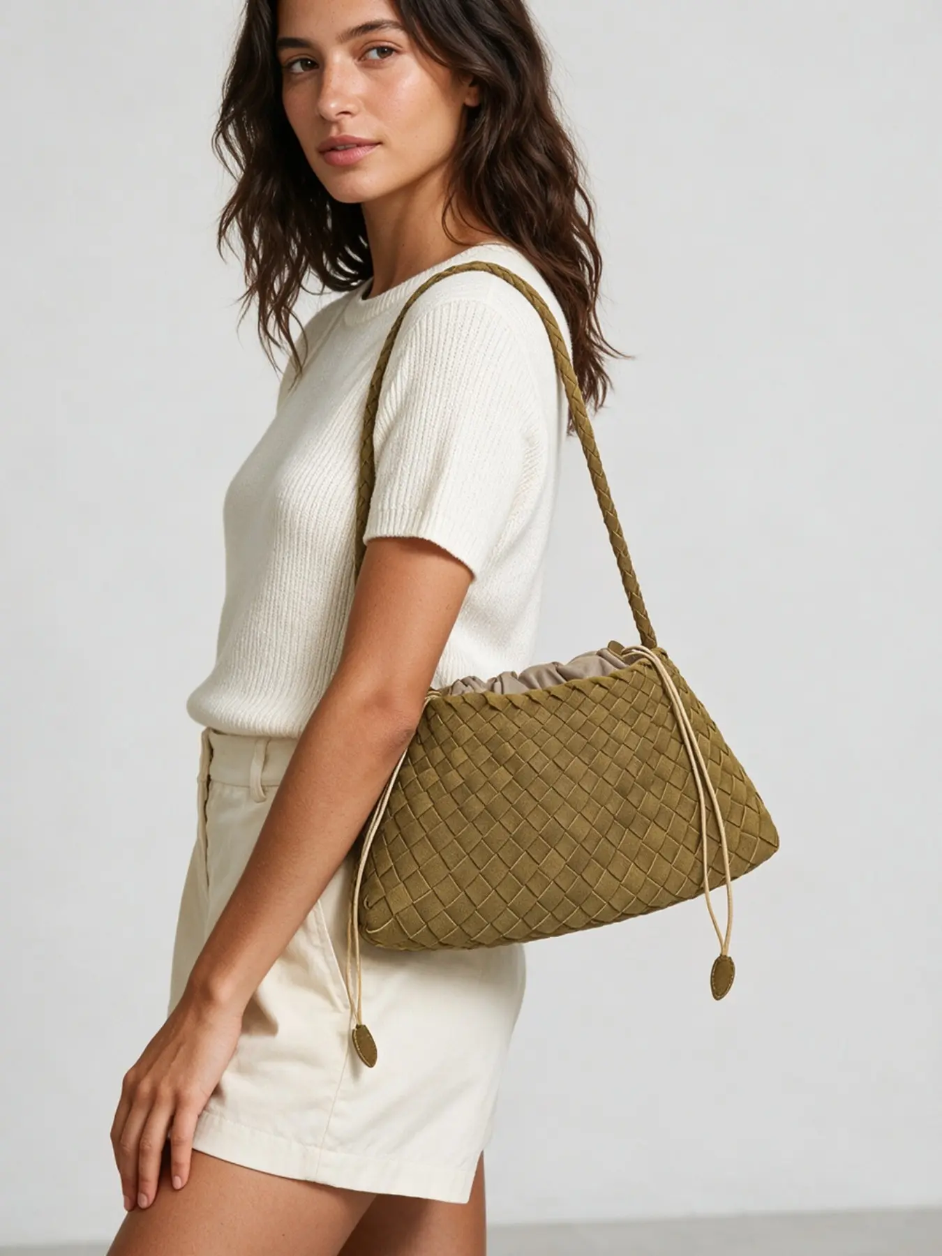 Vintage Handwoven Drawstring Crossbody Bag, Suede Texture Lazy Style Summer Vacation Commute Women's Bag, Melanoid Pattern Hobo Bag