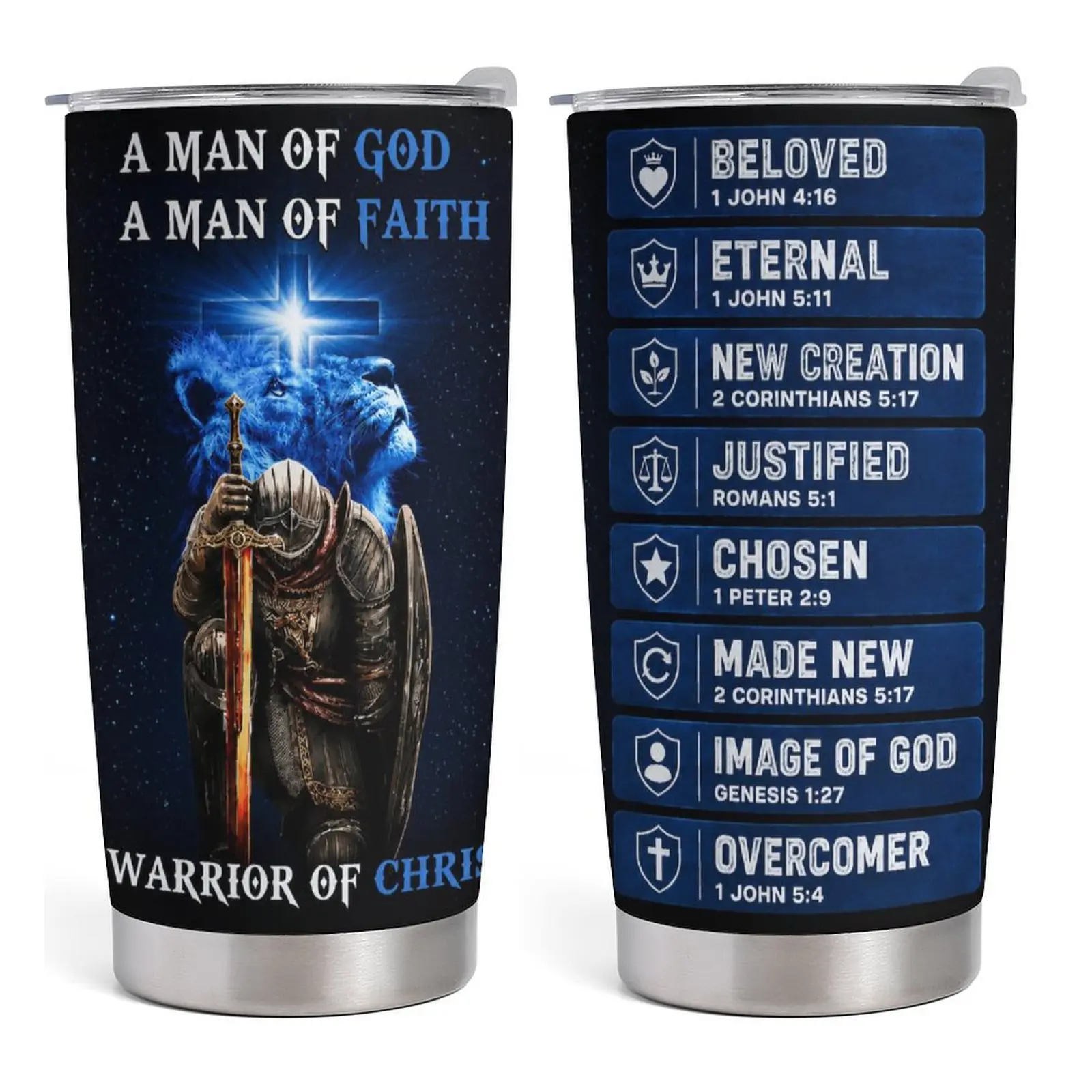 A Man of God, A Man of Faith, Warrior of Christ Tumbler – Lion of Judah Armor of God Christian Gift for Men, Husband, Dad, Faith Filled Cup for Daily Strength and Encouragement