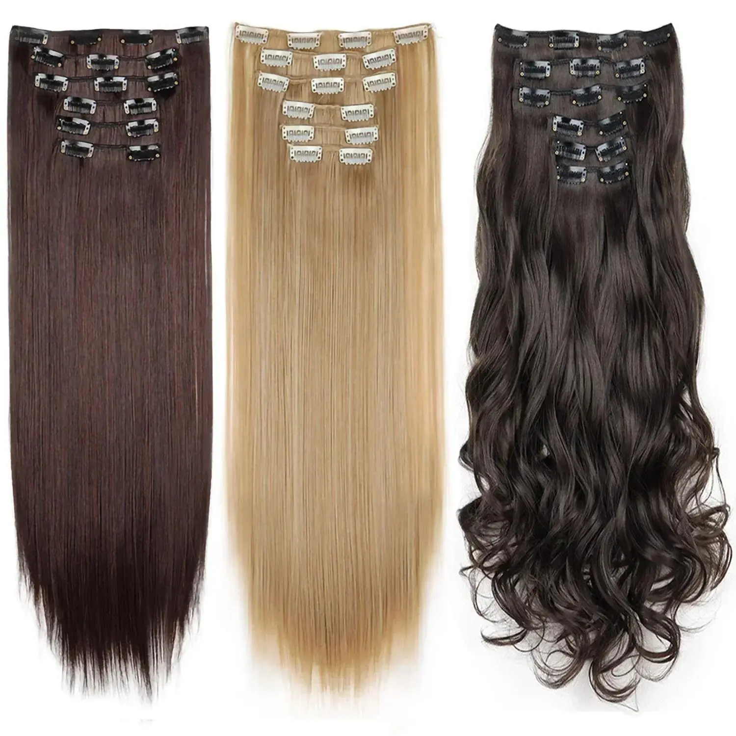 Women's Natural Clip-In Hair Extensions, 24"/60cm 6-Piece Set 140g Long Straight Synthetic Full Head Hair with 16 Clips, Ombre Heat-Resistant Fiber