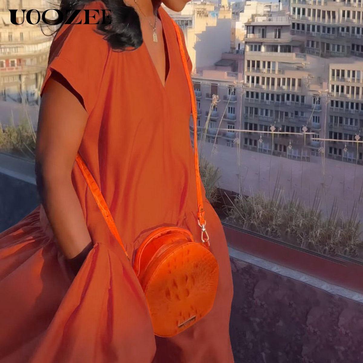 UOOZEE Women's Bright Chic Loose Short Sleeve Pleated Pocket Solid Color Slit V-Neck Maxi Dress Summer Casual Basic Cotton Blend Machine Washable Holiday Dress Womenswear Minimalist (Size is one size larger, it is recommended to order one size smaller)