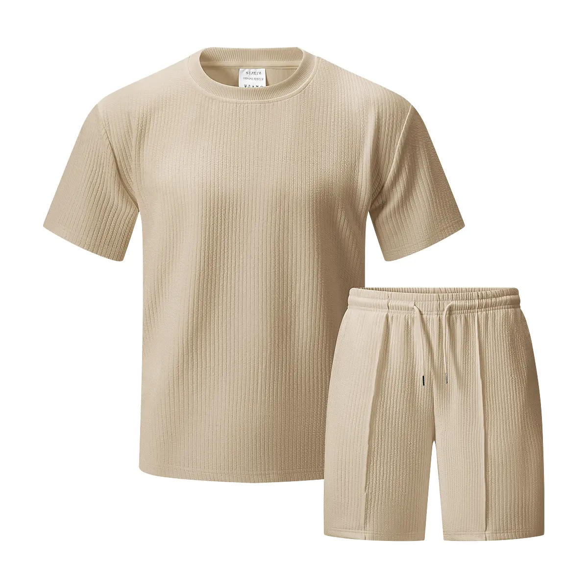 Men's 2-Piece Waffle Knit Casual Menswear Set - Round Neck Shortsleeve T-Shirt, Lace-Up Waist Shorts, Polyester Stripe Texture, Fitted Cut, Breathable Clothes for Summer Daily & Beach Wear, Machine Wash, Medium Length, Plain, Khaki, Beach Outfits