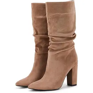 Coutgo Womens Winter Slouchy High Heel Boots Mid Calf Suede Slip on Chunky Block Pointed Toe Boots Coutgo Womens Winter Slouchy High Heel Boots Mid Calf Suede Slip on Chunky Block Pointed Toe Boots