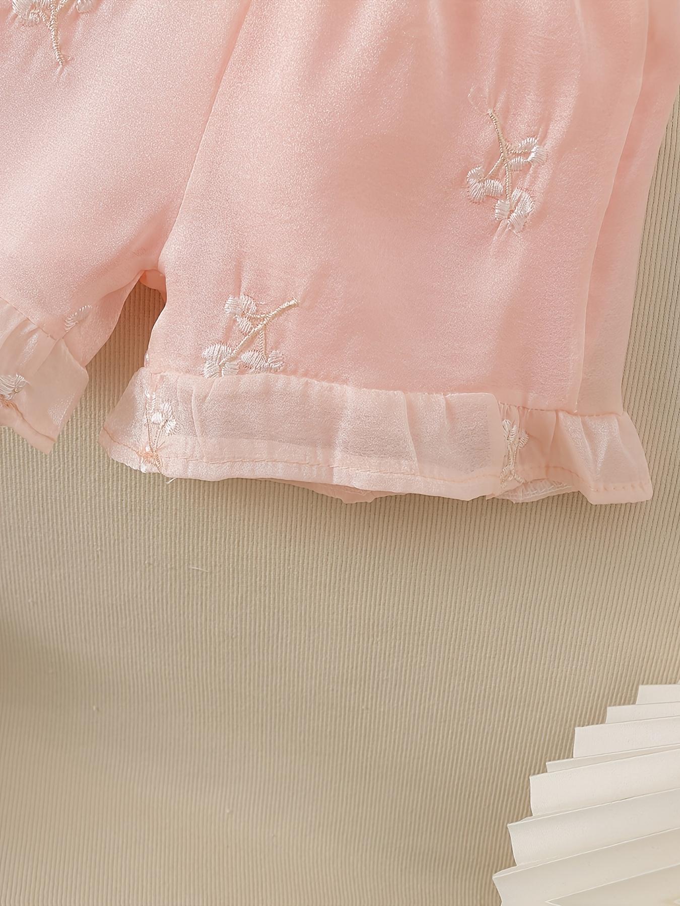 NewNew Style Children's Girls' Embroidered 2pcs Set, New Chinese Style "Mu Yun Sha" Princess Outfit, Three-Dimensional Flower Sleeveless Top + Elastic Waist Shorts, Super Sweet and Cute Pink Vacation Set, Lightweight and Comfortable, Perfect for Outdoor