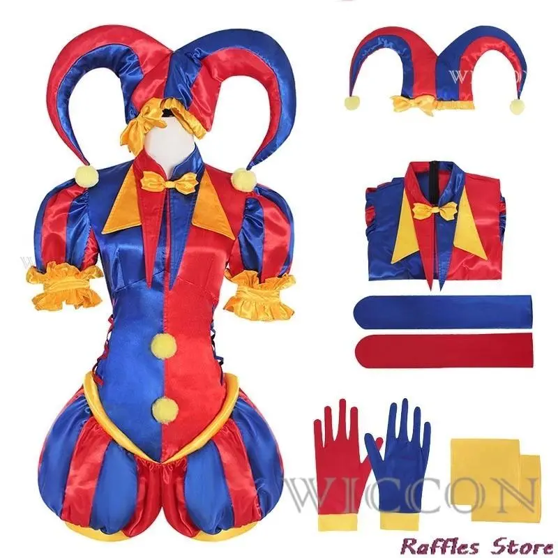 Funny Circus Clown Cosplay Costume Wig Halloween Cute Pommni Clothes Hat Cartoon Onesie Red and Blue Stripe Carnival Costume