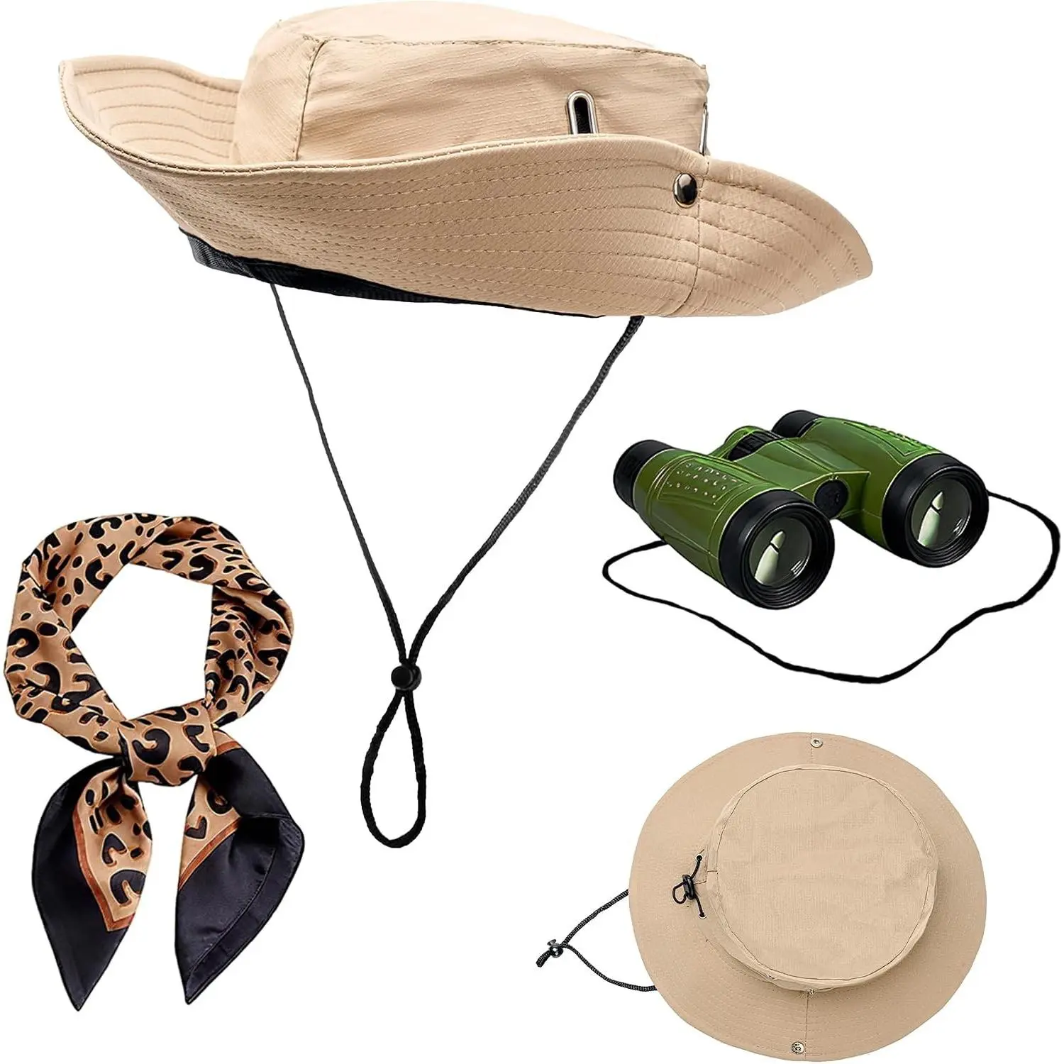 Women's 3-Piece Safari Costume Set with Beige Sun Hat & Leopard Scarf | Zookeeper/Explorer Adult Outfit for Halloween, Outdoor Adventure & Costume Parties(Gift)