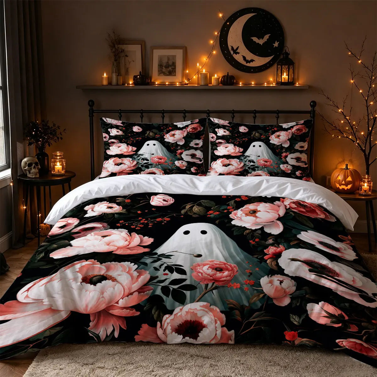 3Pcs Black Pink Cute Ghost Peony Floral Print Duvet Cover Set, Pastel Gothic Halloween Bedding with 1 Duvet Cover and 2 Pillowcases, No Comforter, Spooky Bedroom Decor for Women, Apartments, Dorms and Guest Rooms
