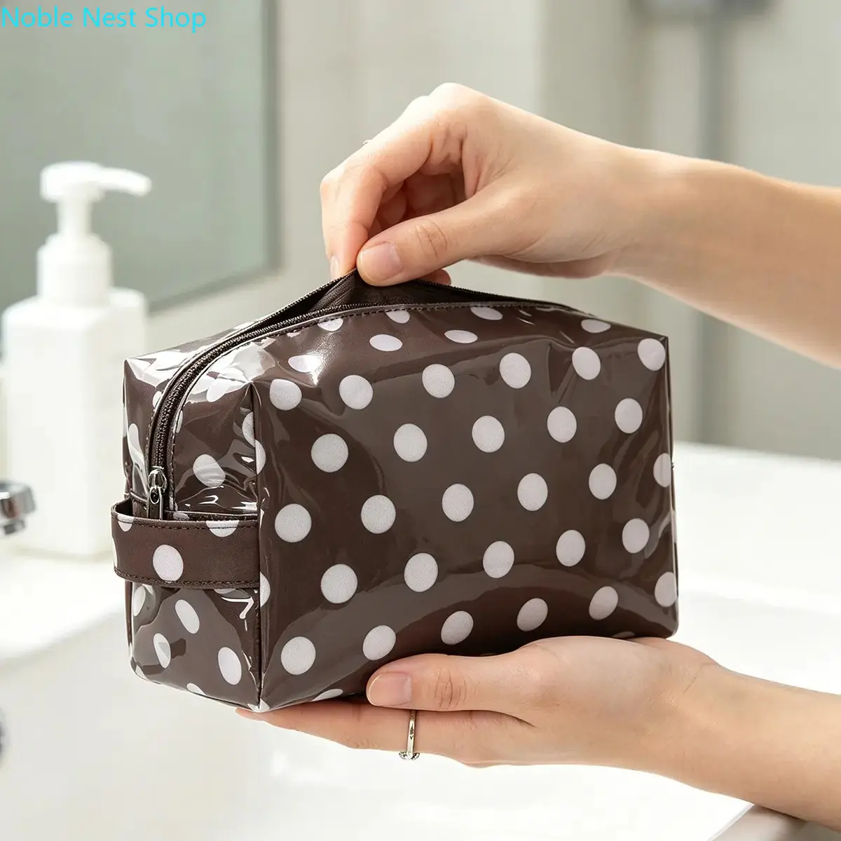Trendy Korean Polka Dot Color Block Makeup Bag, Waterproof Aesthetic Travel Toiletry Organizer, Portable Storage Case for Skincare, Makeup Brushes & Daily Cosmetics
