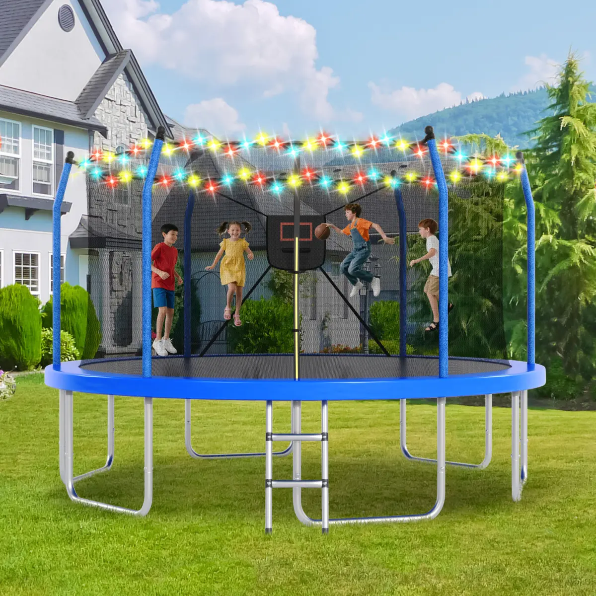 Aobtkel14FT Trampoline with Lights and Basketball Hoop, Outdoor Recreational 16" Trampoine for Kids and Adults