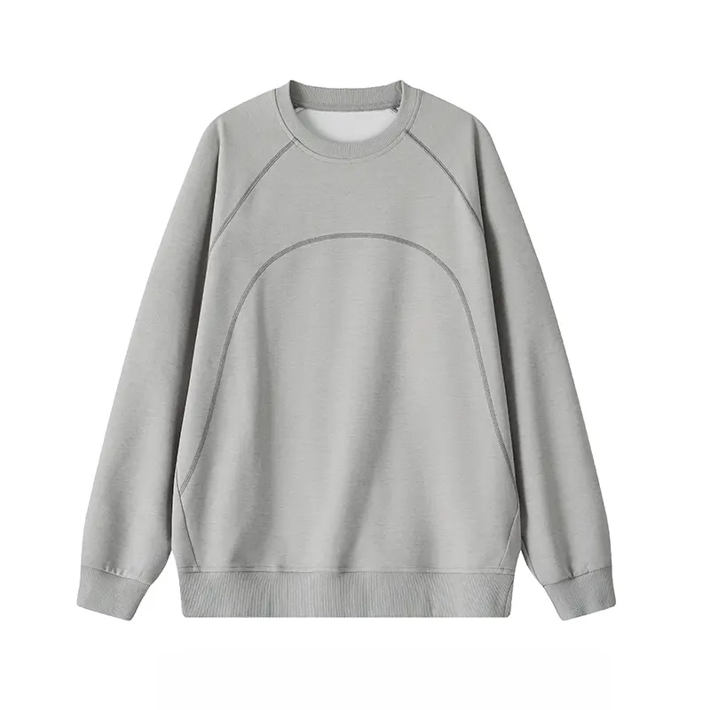 Men’s Black Crewneck Sweatshirt With Curved Contrast Stitching, Oversize Loose Raglan Sleeve Cut, Deconstructed Line Design, American Streetwear Men Casual Pullover Top