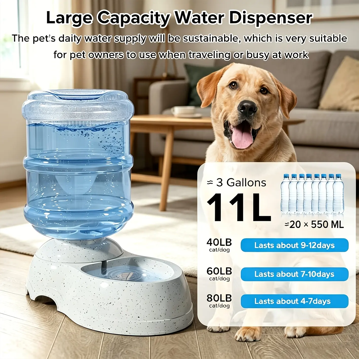 [Holiday Gift] 3 Gal/11L Extra Large Gravity Feed Pet Water Dispenser, Power-Free Refill Dog Water Bowl with Non-Slip Base, Detachable Easy-Clean Design, Ideal for Large Dogs & Multi-Pet Families, Perfect for Travel & Daily Use