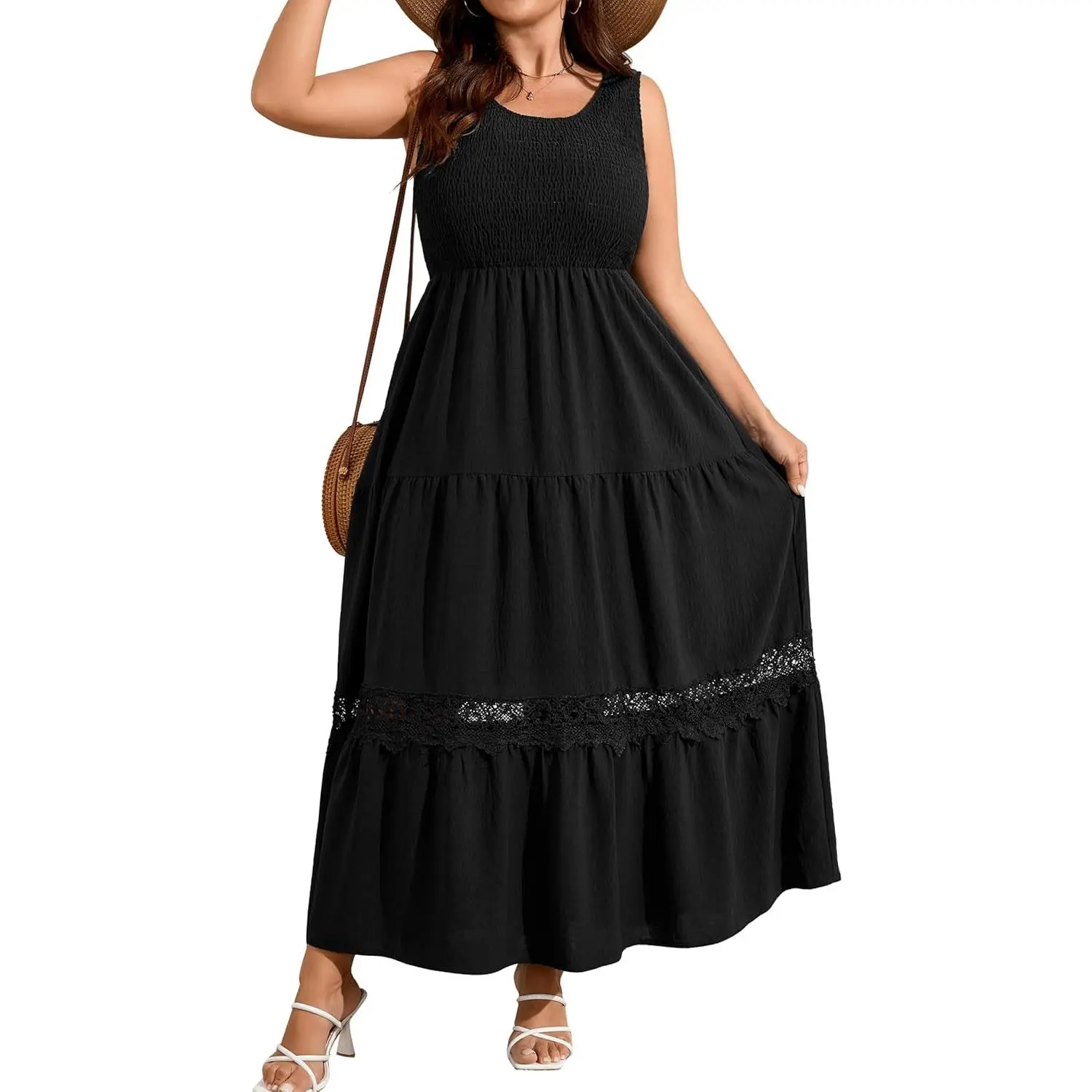 RWJ Women's Plus Size Smooth Eyelet Maternity Sundress 2026 Summer, Casual Sleeveless Square Neck Smocked Tank, Feminine Cocktail Beach Vacation Long Maxi Dress, Loose