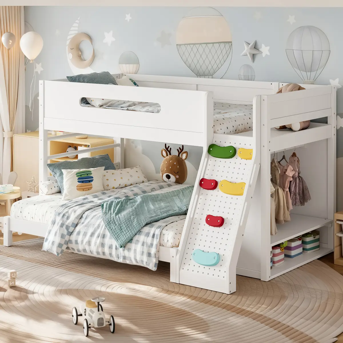 [Bellemave] Twin/Twin XL over Full Bunk Bed with Childlike Rock Climbing and Slats Design, Solid Wood Bed Frame with Built-in Wardrobe and Storage Spaces, Safety Guardrails