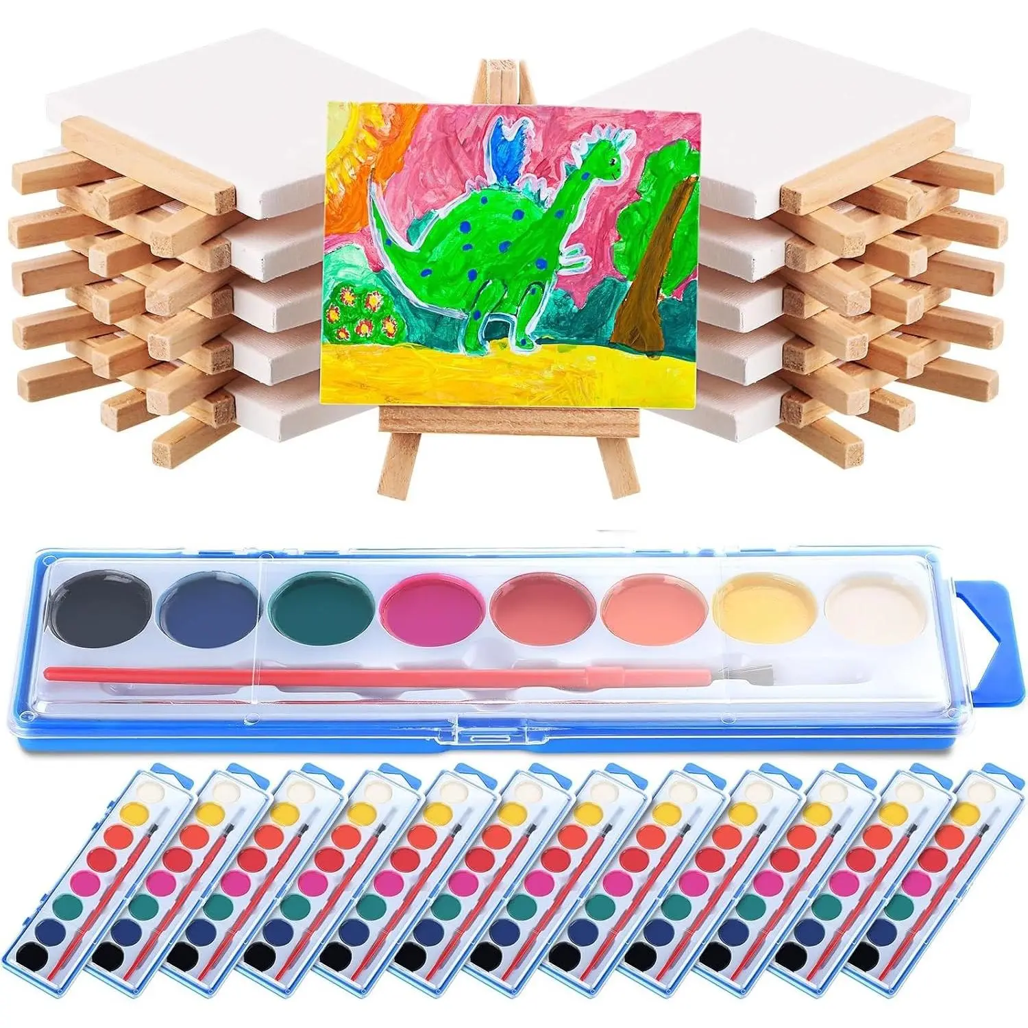 24 Pcs Watercolor Paint Sets 3x4 Mini Canvas Easel & Paint Brush Set, Washable Bulk Watercolor Favors for Art Party Birthday Prizes and Party Supplies