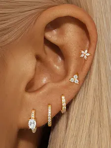 5Pcs Lovely 24K Gold Plated Cubic Zirconia Hoop Earrings Set For Women Zircon Stud Earrings Pack Flower Earrings Stack