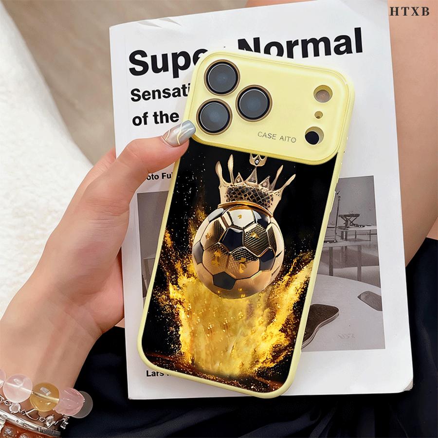 Golden Football Crown Phone Case for iPhone 17 Pro Max 17Air 17 16E 16 15 14 13 12, Ultra Skin-Friendly TPU, All-Inclusive Glass Lens Protection, Aesthetic Soccer Fans Gift, Trendy Dopamine Ins Style Cover, Shockproof Slim Case, Lens Window Design