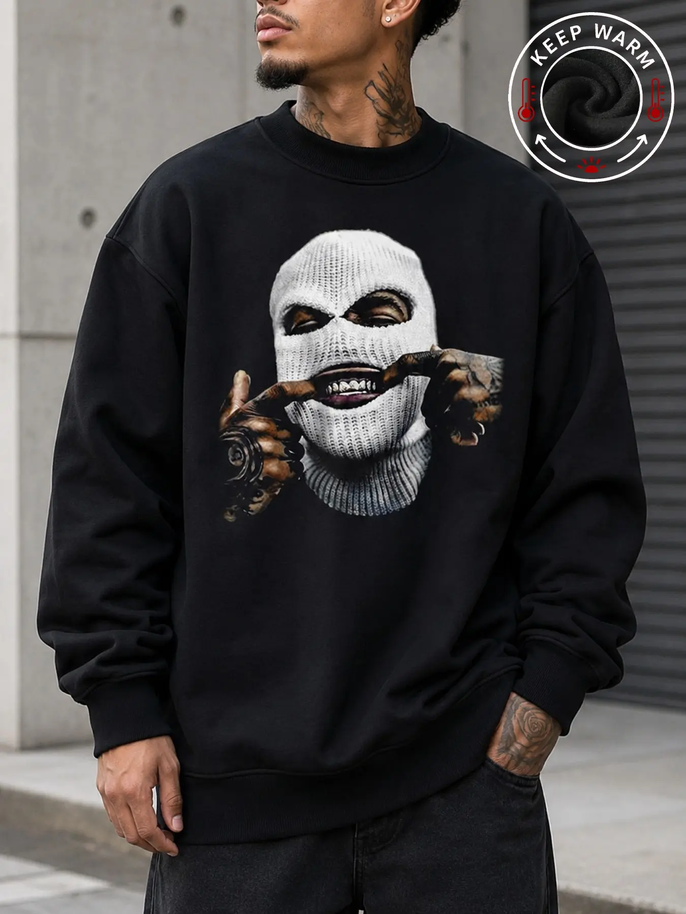 Men's Fall Winter Warm Pullover Sweatshirt, Classic Cartoon Print, Fleece Lined Casual Jacket, Streetwear