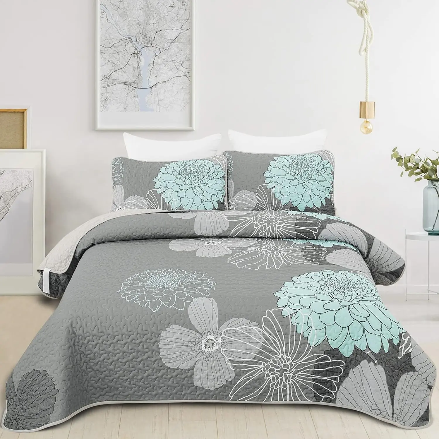 Floral Pattern Set California King Size Boho Bedding Set| Green Floral Bohemian Bedspread with 2 Pillowcases, Soft Microfiber Bedding Set for All Season 106"x94"