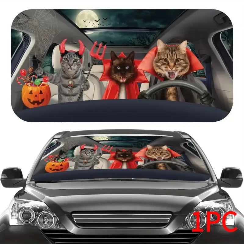 Halloween Car Sunshade, Foldable UV Protection, Vampire Cat Design, Fun Car Accessory, Fits Sedan Suv Truck, Cool Vehicle Decor