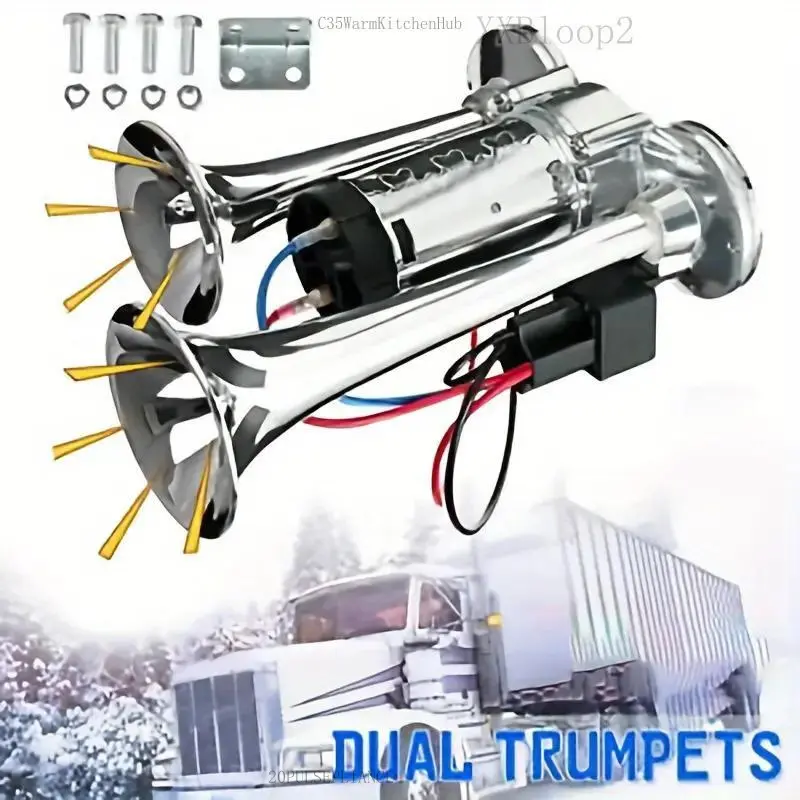 120db Super Loud 12V Dual Speaker Air Horn Kit, Aluminum Electric Train Horn, with Air Compressor, Hardwire ≤36V, for Trucks, Ships, Cars - No Compressor Needed C35WarmKitchenHub20PULSEPLIANCE