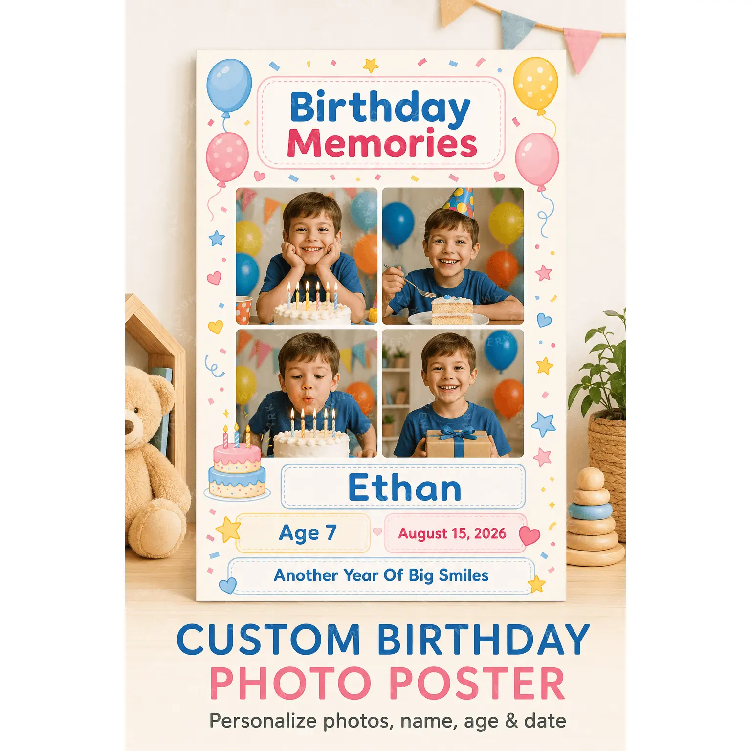 Custom Birthday Memories Photo Poster, Personalized Kids Birthday Wall Art, Balloon Cake Collage Decor, Nursery Bedroom Playroom Aesthetic Poster, Birthday Party Gift