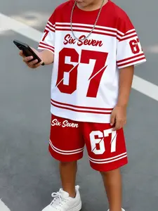 Boys' American School Style Digital 67 Print Short Sleeve Shorts Set, Casual Fitted All over Print Suit, Trendy and Stylish