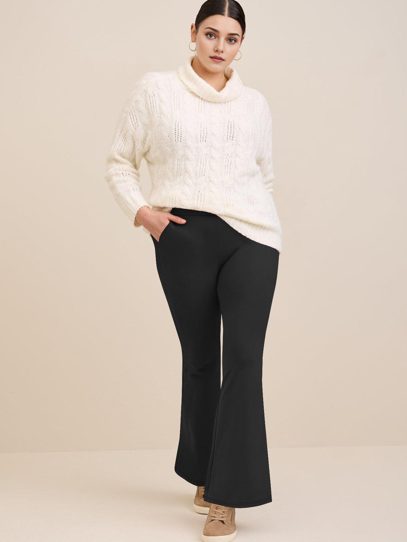 【 Plus Size】 Solid High Waist Flare Leg Pants, Casual Fashion Pants, Casual Comfy Pocket Design Bell Bottom Pants for Daily Wear, Women's Bottoms for All Seasons