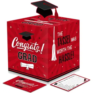 Large Class of 2026 Red Black Graduation Card Box with 30 Pcs Advice Cards, 3D Cap Top Gift Money Holder Congrats Grad Party Decorations College Graduation Supplies