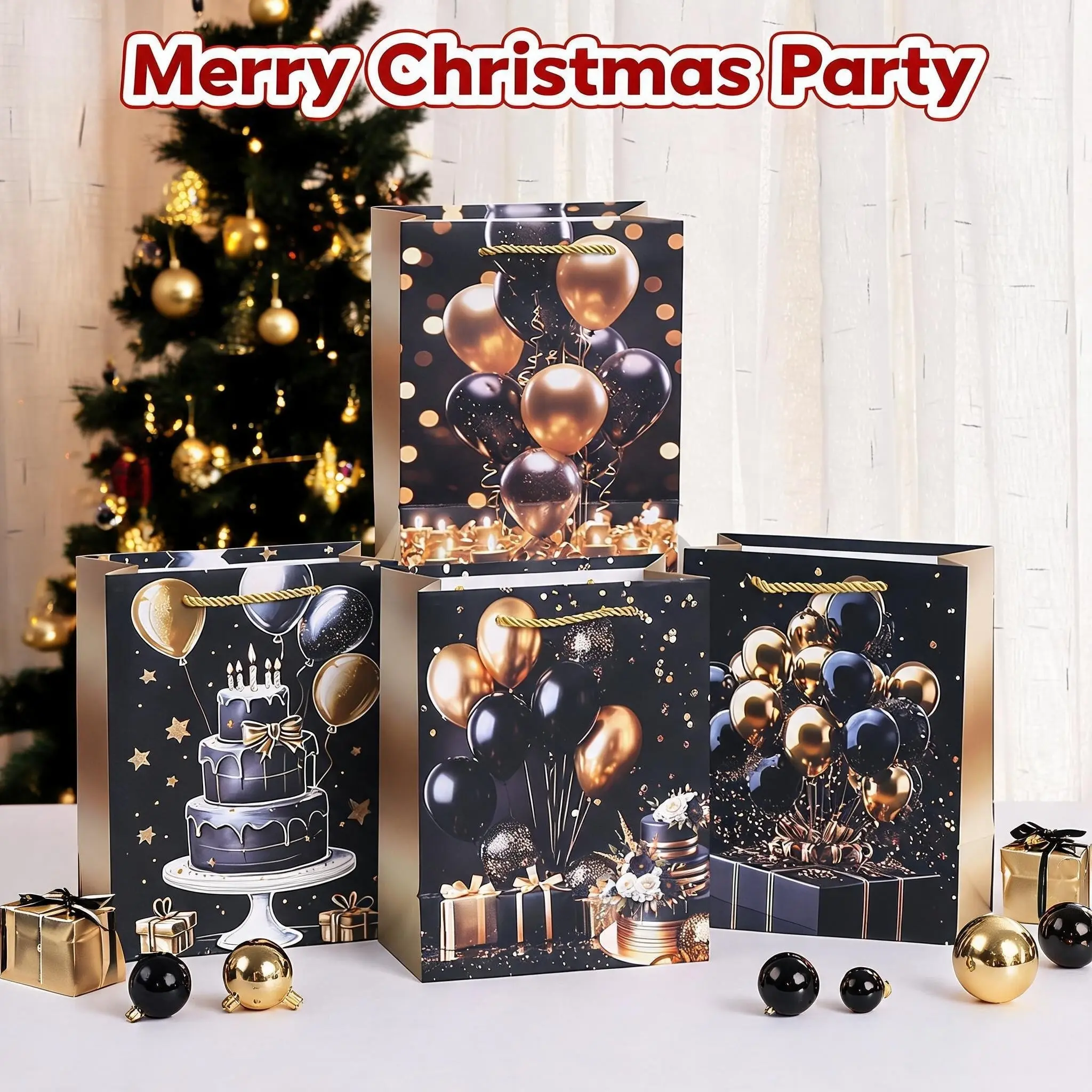 Elegant Gold Gift Bags, 12/24/36/48 Pcs, Cake Balloon Print Handbags, Card Packaging, Perfect for Parties & Celebrations