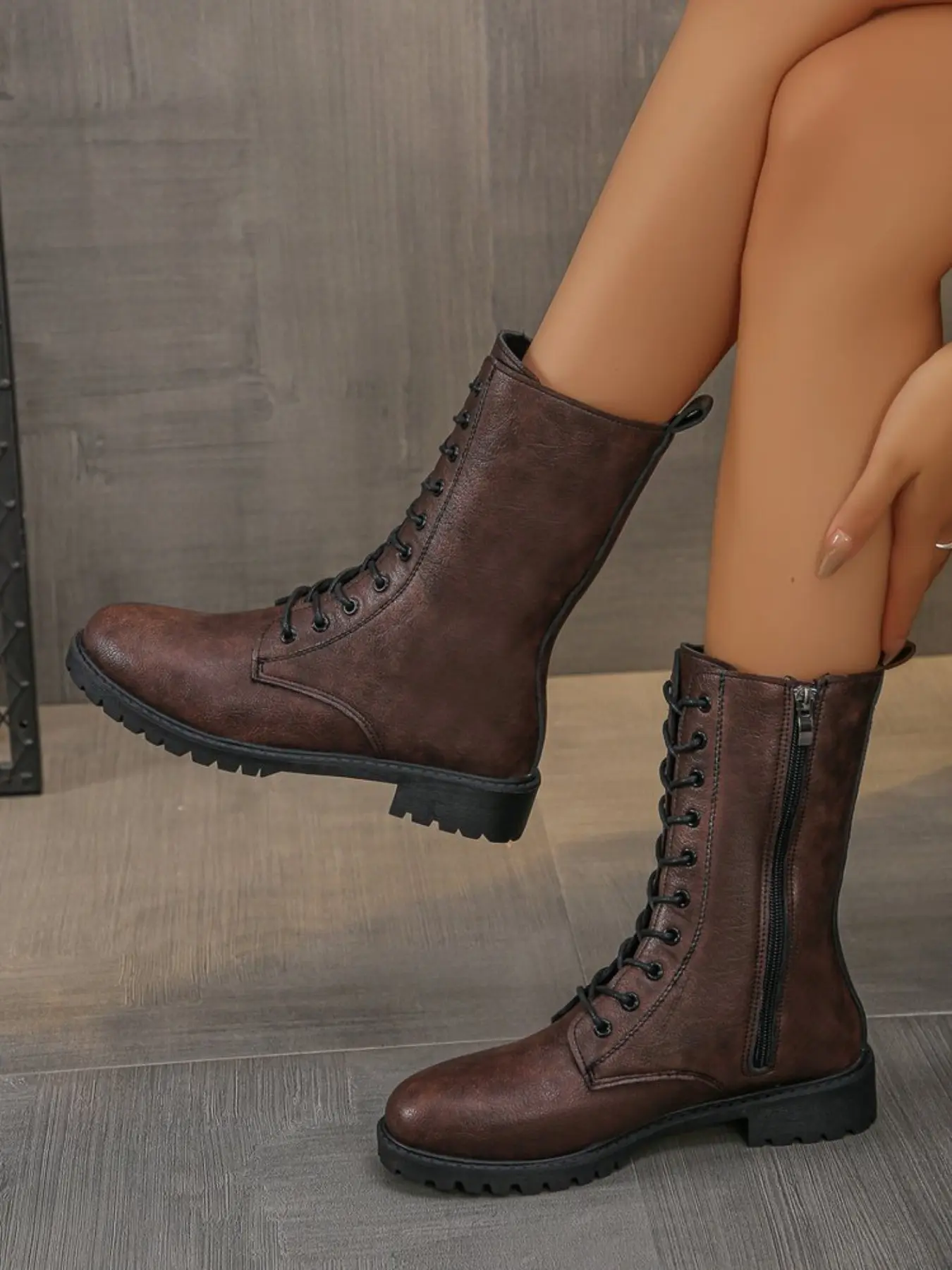 Women's Vintage Distressed Tie-Strap Mid-Calf Boots, Side Zipper for Easy On/off, Low Heel Thick Sole Anti-Slip Comfort, Versatile Daily Wear