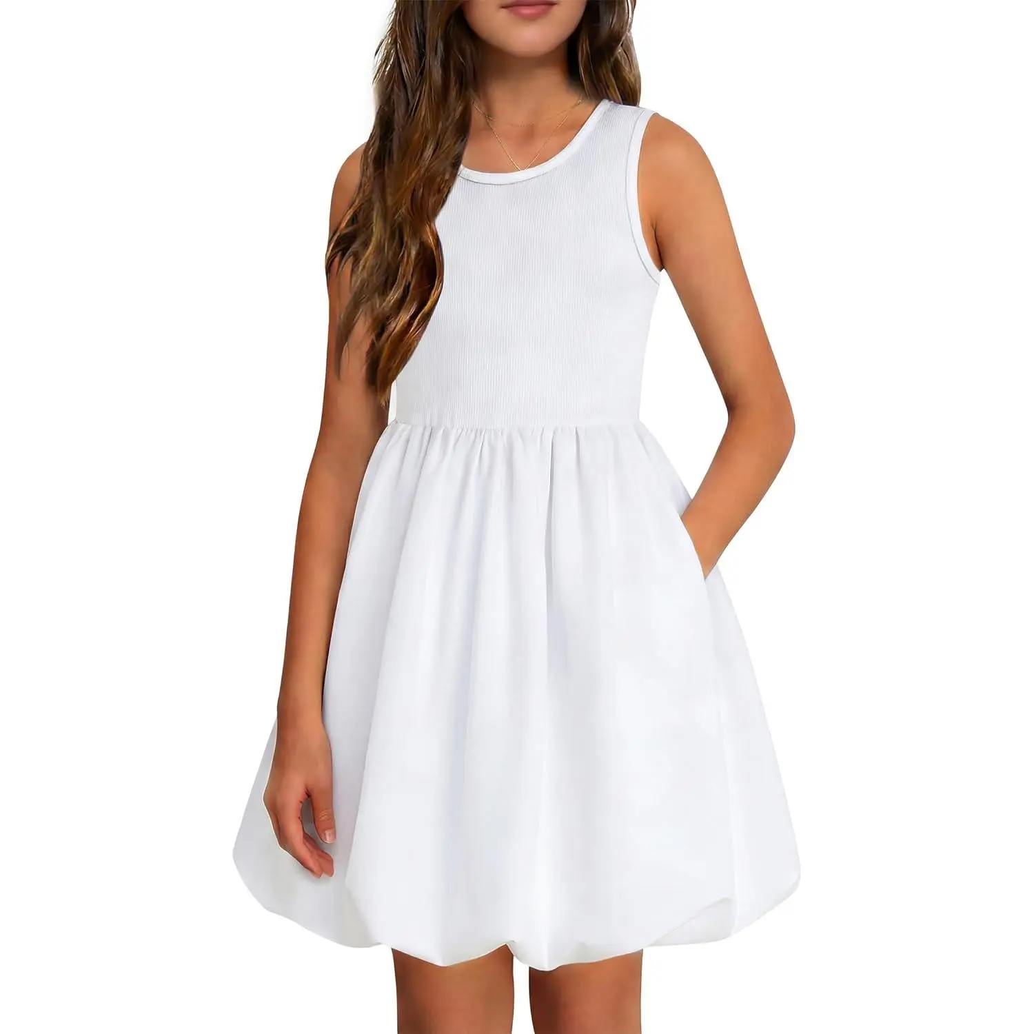 Girls' Dresses, Plain Sleeveless Bubble Sundress for Summer, Casual Wear with Pockets for Ages 7-14