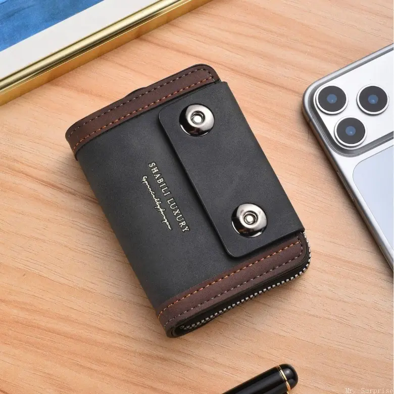 Men's Short PU Leather Wallet, Snap Button Cover Multi‑Card Holder with Zipper Coin Pocket, Portable Card Purse for Daily Work Travel and Gift Choice