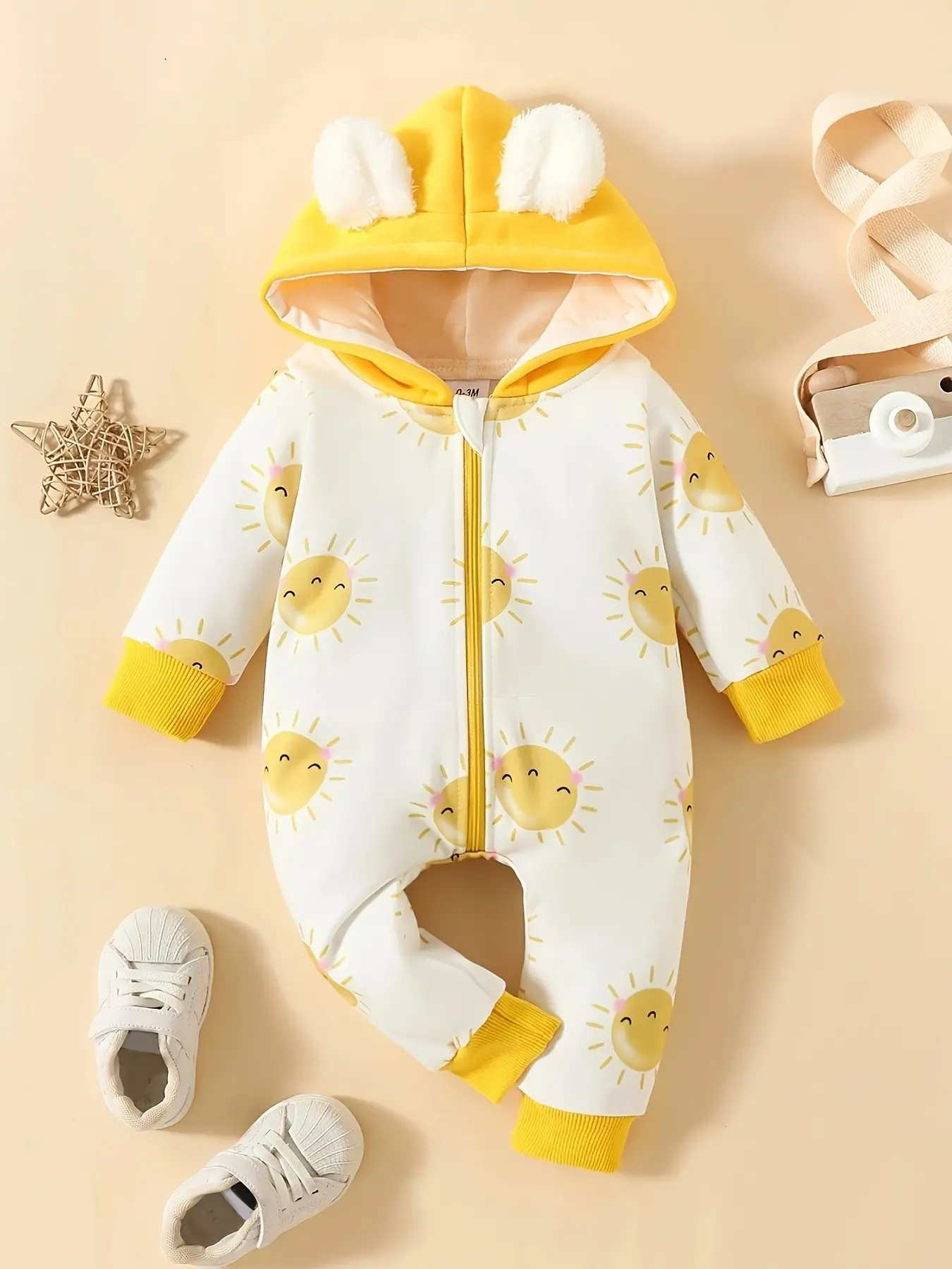 Cute Sun Print Baby Winter Hooded Fleece Ear Long Sleeve Onesie, Thick Smile Sun David Coat, Infant Warm Outerwear Onesie
