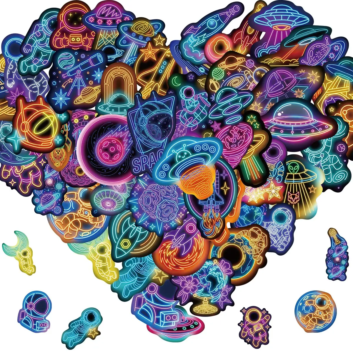 50 Pcs Neon Astronaut Stickers for Kids, Waterproof Space Sticker for Water Bottle, Vinyl Laptop Decals for Teens, Students, Adults