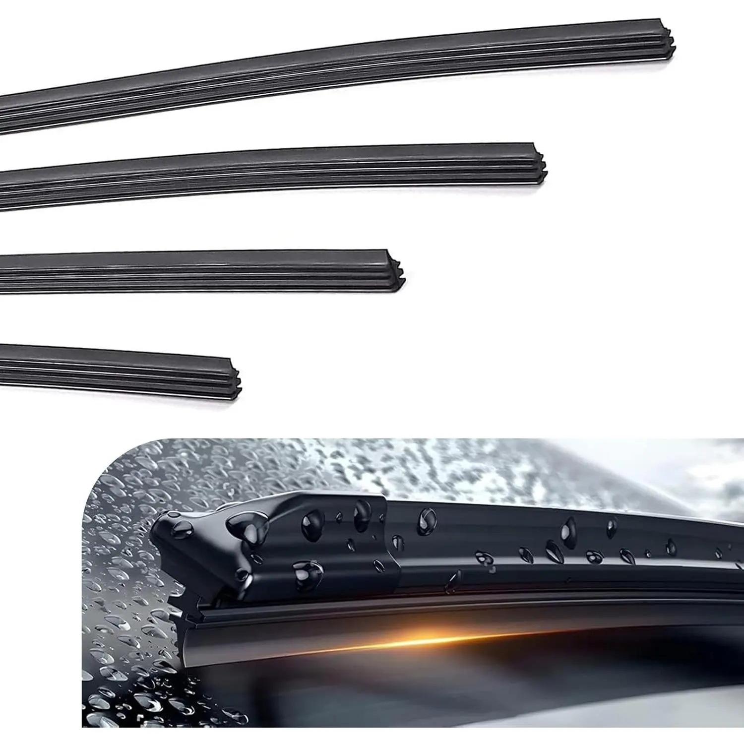 Silicone Frameless Windshield Wiper Blade Refill Set, 4-PCS Black 28 in Adjustable Rubber Inserts, Universal Fit for Most Cars' Front & Rear Windshields
