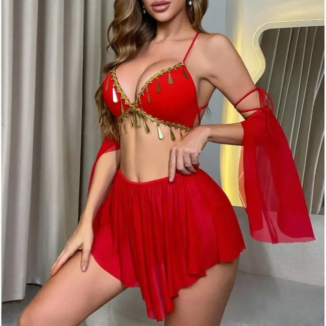 Women Belly Dancer Costume Lingerie Set, Tassel Trim Cami Top, Flowy Mesh Skirt & Arm Sleeves, Oriental Exotic Cosplay Nightwear Outfit