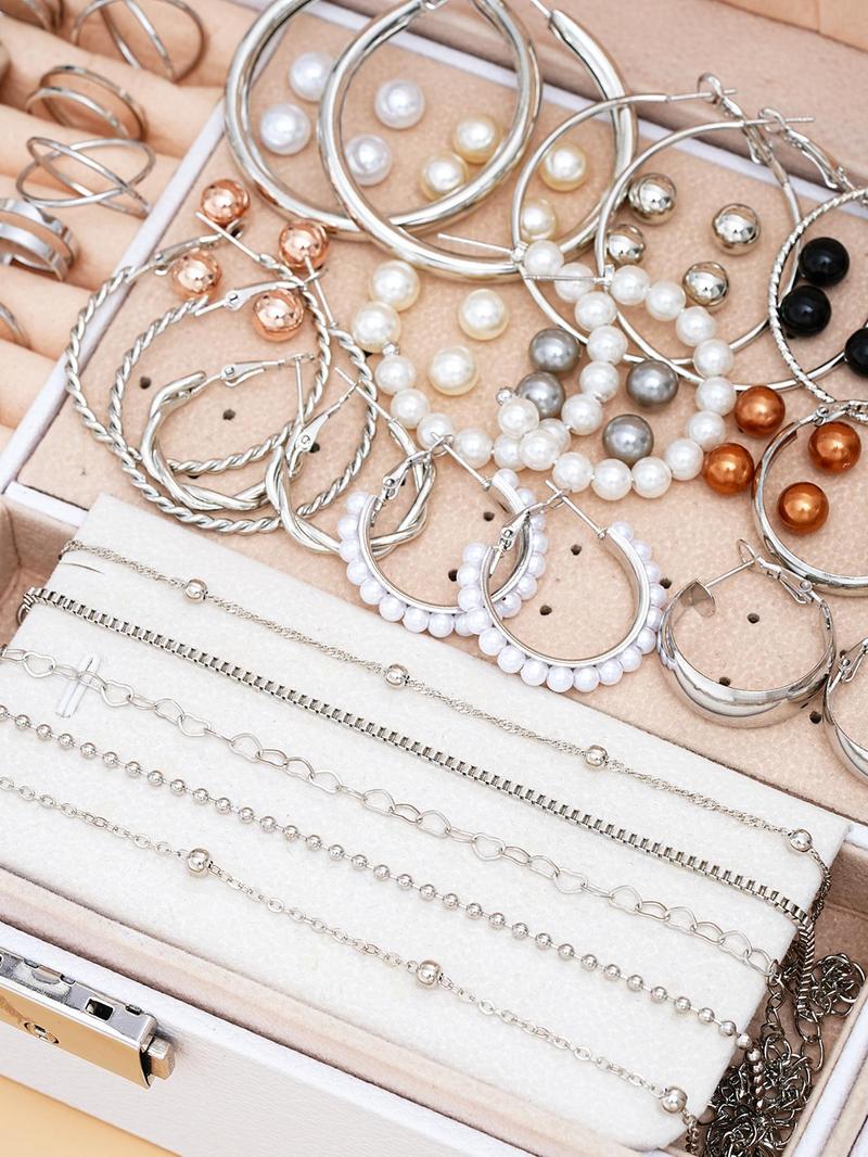 Fashion Faux Pearl Decorated Jewelry, Heart & Flower & Geometric Shape Earring Bracelet Necklace Ring Jewelry Set, Elegant Jewelry Set, Gifts without Box