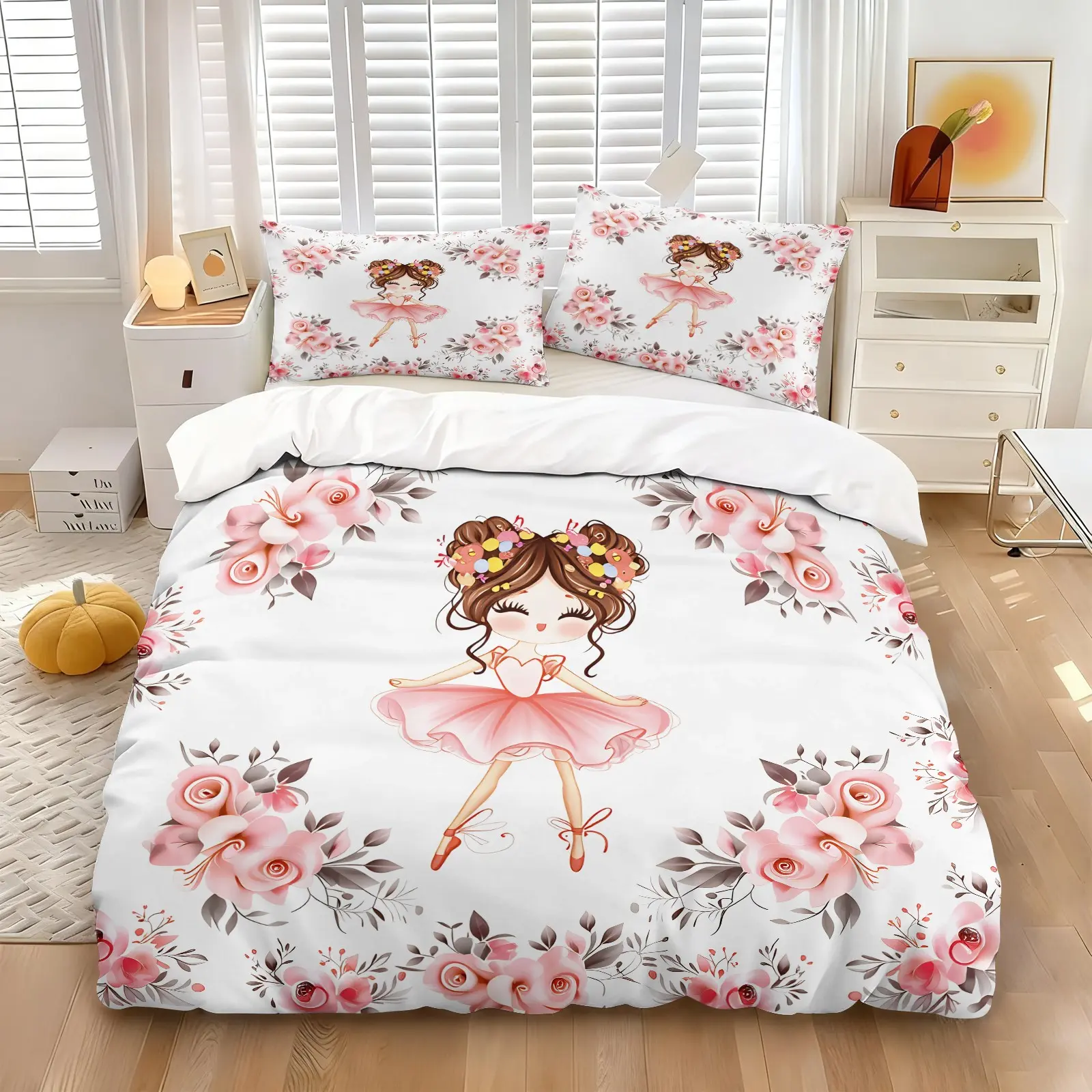 Watercolor Pink Rose Cartoon Little Girl Duvet Cover Set & 1-2 Coreless Pillowcases, Ballerina Cartoon Girl With Bun Hairstyle And Pink Tulle Dress Along With Floral Patterns. Skin-Friendly, Breathable ,Princess Pastoral Floral Style Bedding Decor
