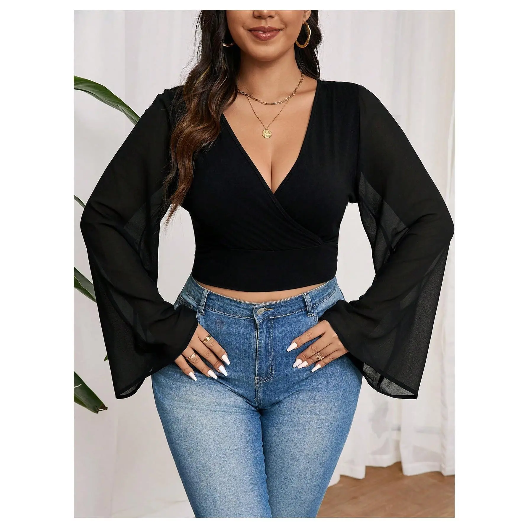 Plus Size Crop Top Bell Sleeve Top V Neck Wrap Blouse Party Going Out Tops