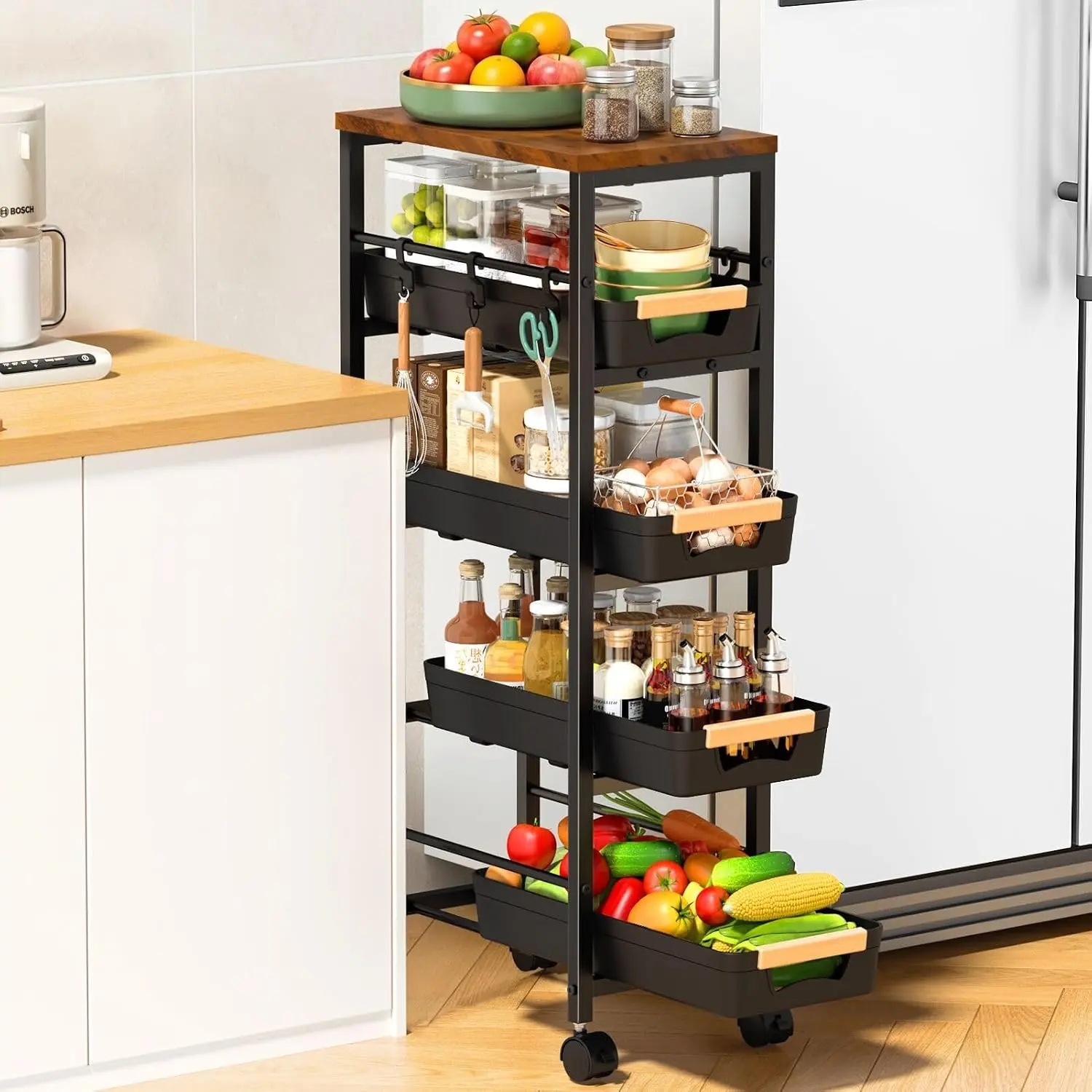 Slim 5‑Tier Rolling Utility Cart with Lockable Wheels & Wooden Top, Narrow Gap Storage Organizer for Bathroom, Laundry Room & Small Kitchen