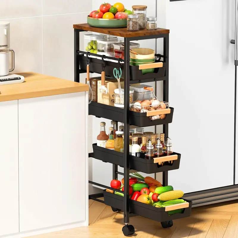 Slim 5‑Tier Rolling Utility Cart with Lockable Wheels & Wooden Top, Narrow Gap Storage Organizer for Bathroom, Laundry Room & Small Kitchen