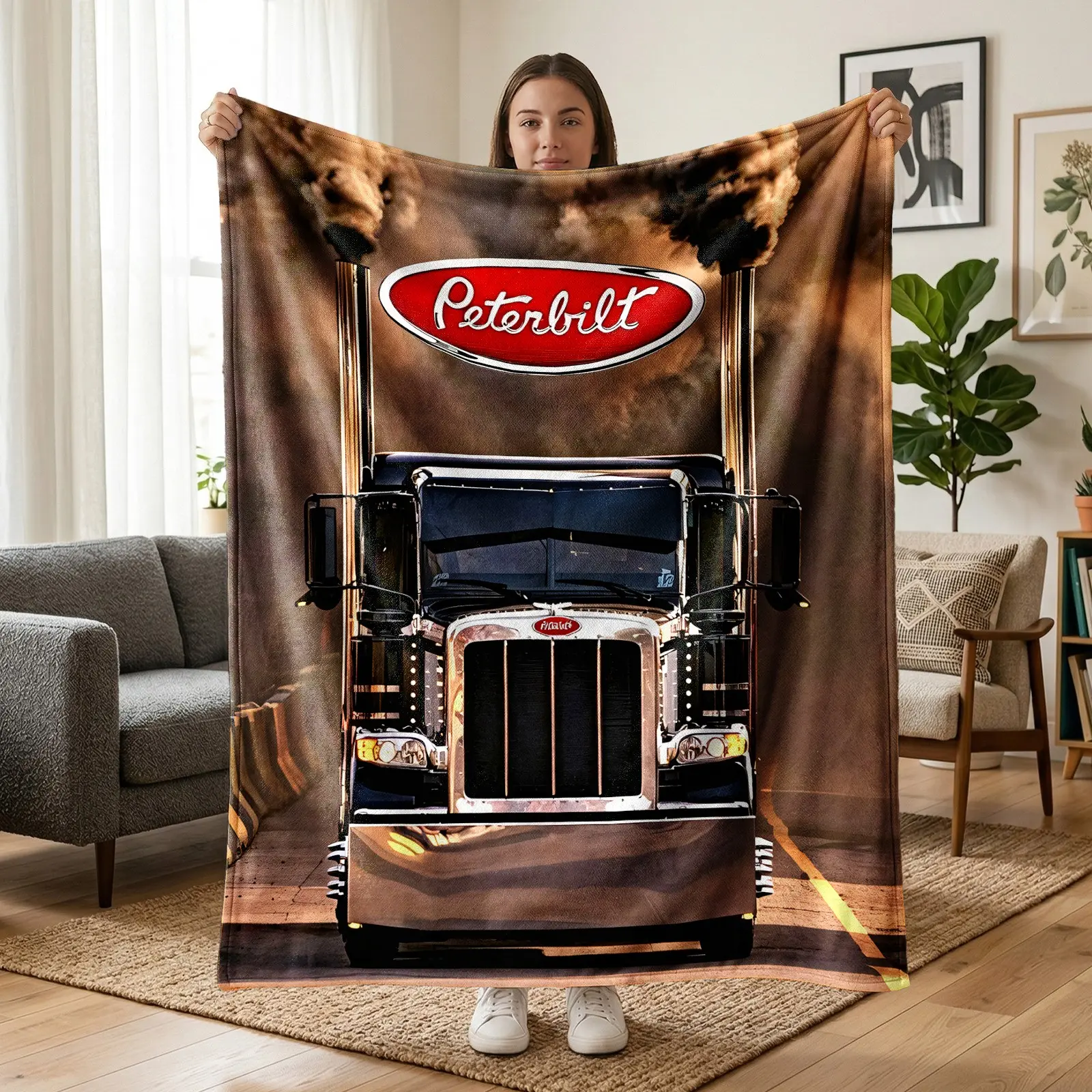 1pc Peterbilt Heavy Truck Fleece Blanket, American Big Rig Smoke Highway Tough Truck Poster Print, Soft Warm Nap Throw For Sofa, Bed, Office, Camping, Perfect Christmas Gift
