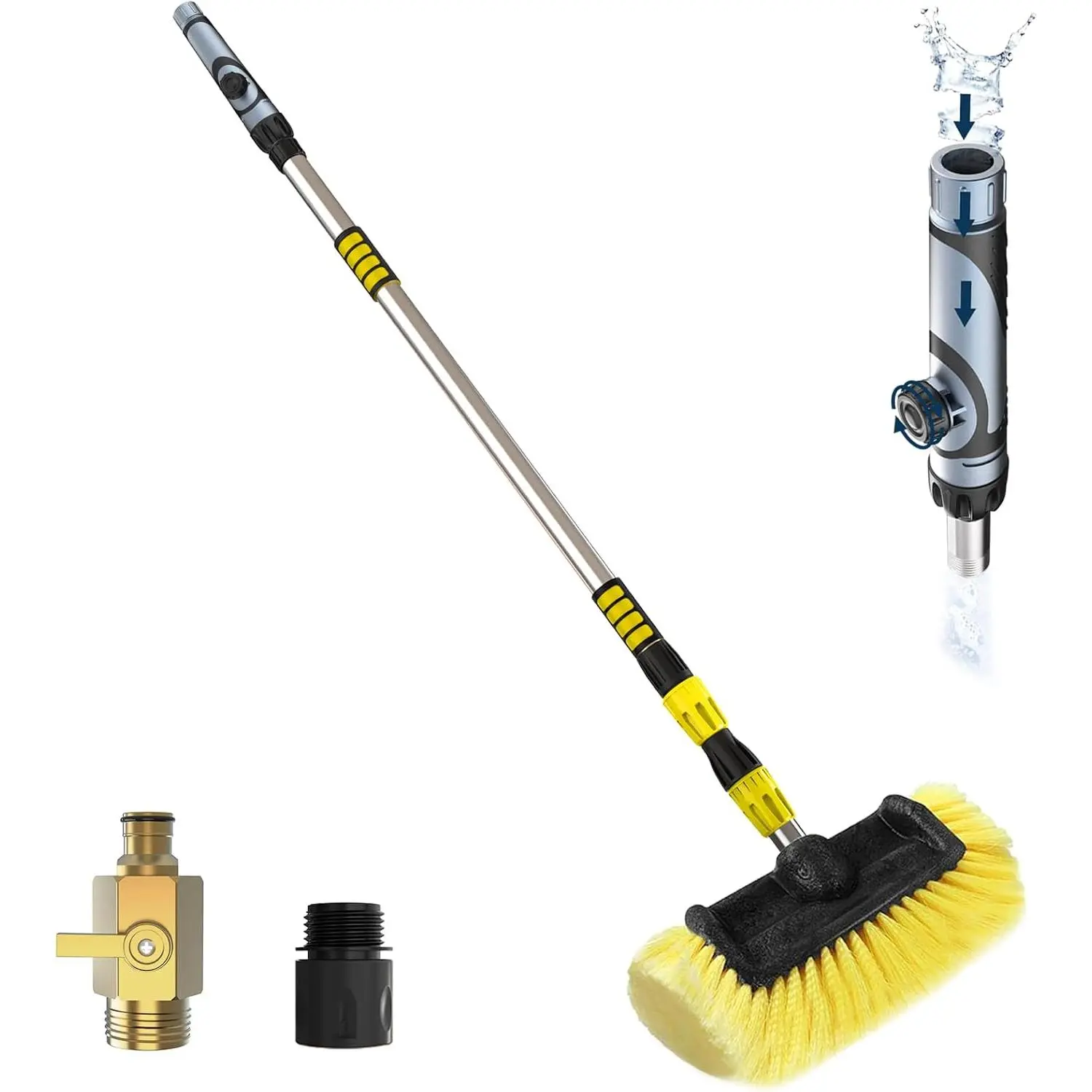 12ft Long Handle Wash Brush with 12in Soft Bristles & Soap Dispenser Tip, Telescoping Pole Solar Panel Cleaning Tool for RVs, Boats, 12-Foot Length
