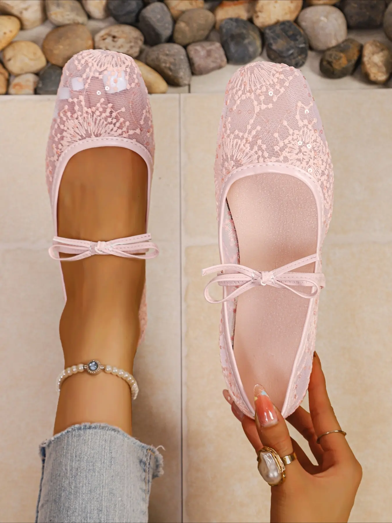 Lace mesh Mary Jane Lace Up flats with bow decor breathable lightweight gentle slip-on women shoes available in multiple summer colors