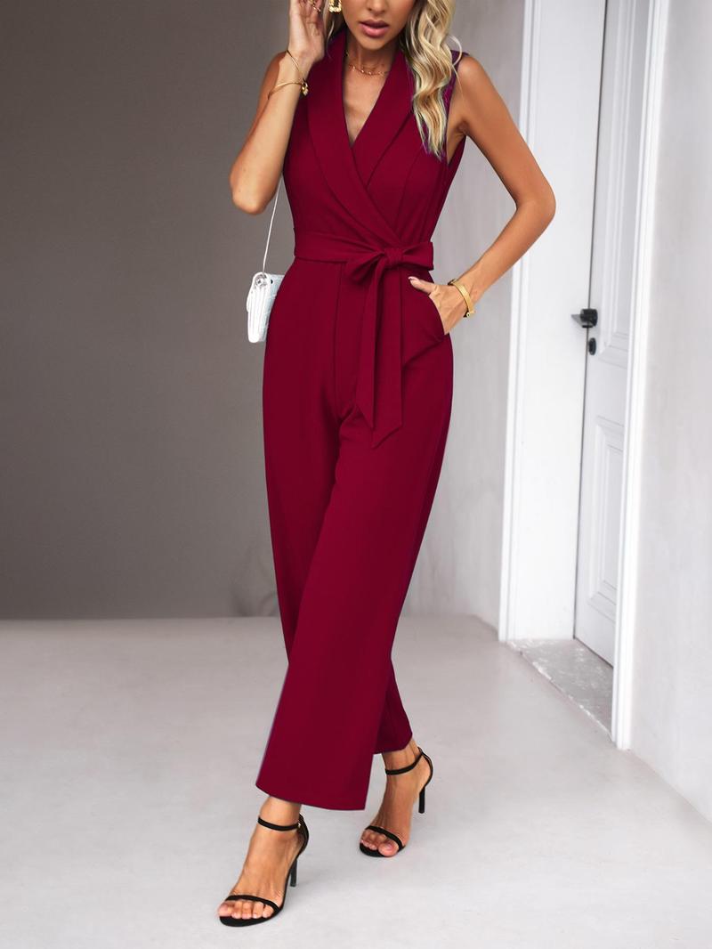 Women's Solid Color Jumpsuit with Belt, Elegant Fashion Casual Jumpsuit for Daily Outdoor Wear, Women Jumpsuits for Spring Fall