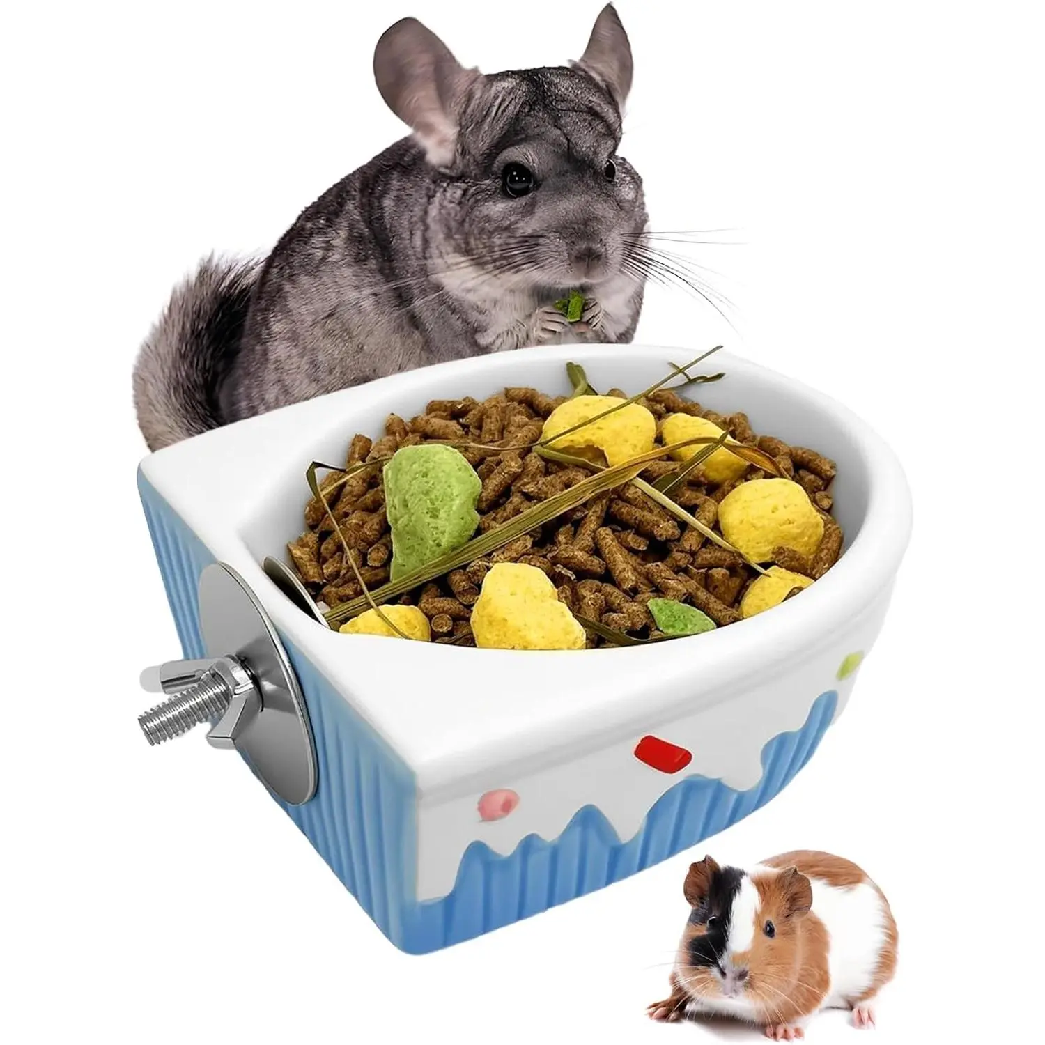 Compact Ceramic Hanging Small Animal Feeder Bowl, Blue Dish for Chinchillas, Guinea Pigs, Syrian Hamsters, Ferrets, Gerbils