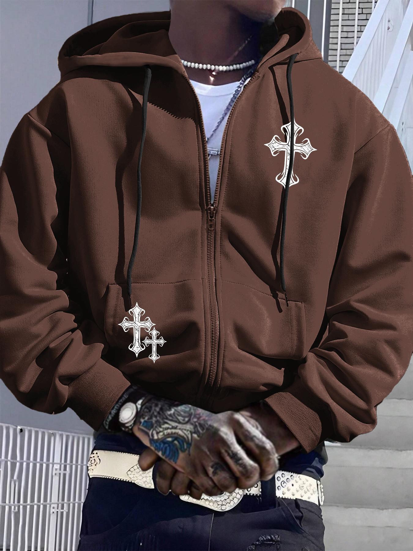 Men's Cross Print Drop Shoulder Zip Up Hoodie, Gothic Rock Hoodie, Fashion Casual Regular Fit Drawstring Pocket Hooded Sweatshirt for Daily Holiday Outdoor Wear, Men Clothes for Fall & Winter