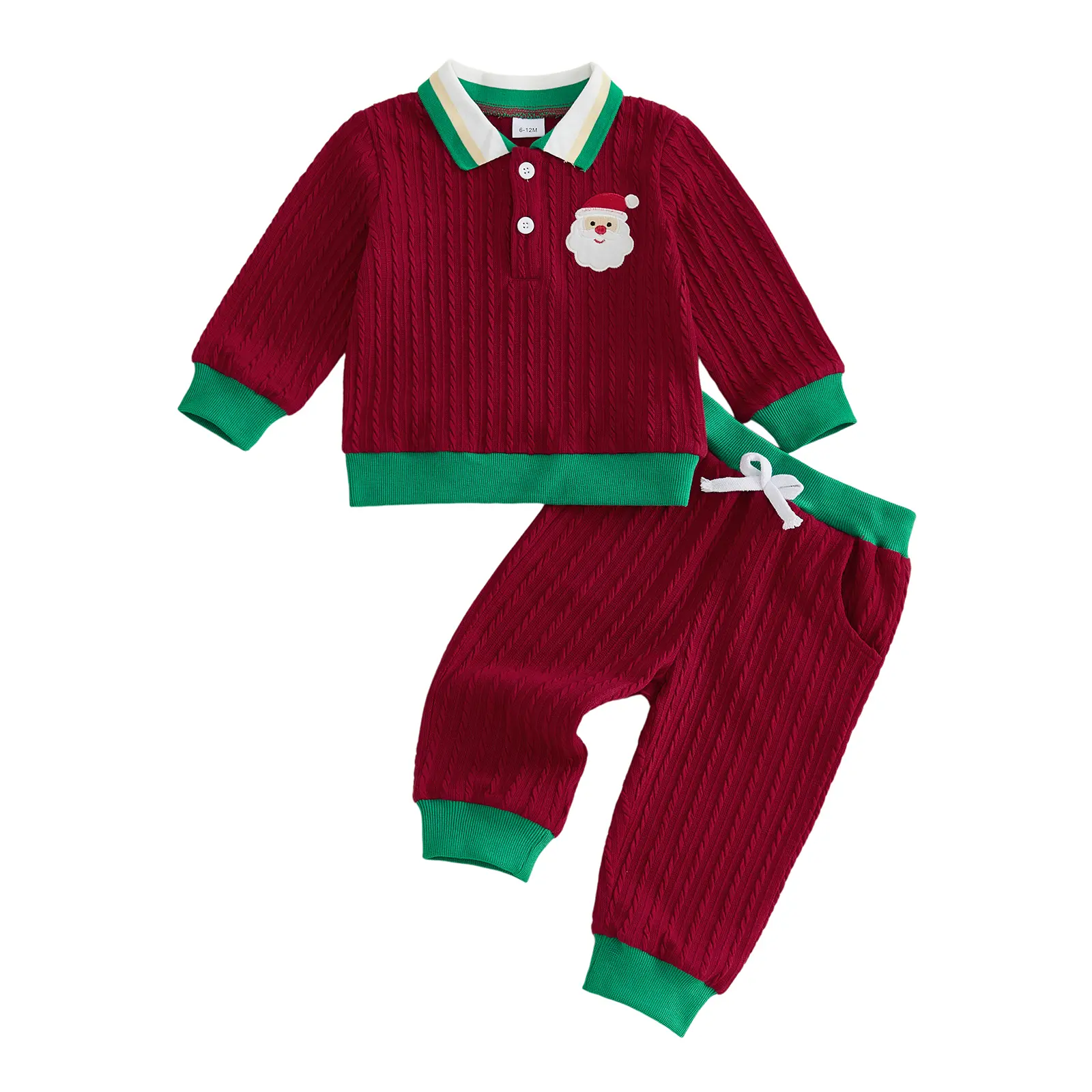 FOCUSNORM Toddler Baby Boys Christmas 2Pcs Outfit Cable Knit Polo Collar Santa Applique Long Sleeve Tops and Drawstring Jogger Pants Fall Winter Clothes 6M‑4T